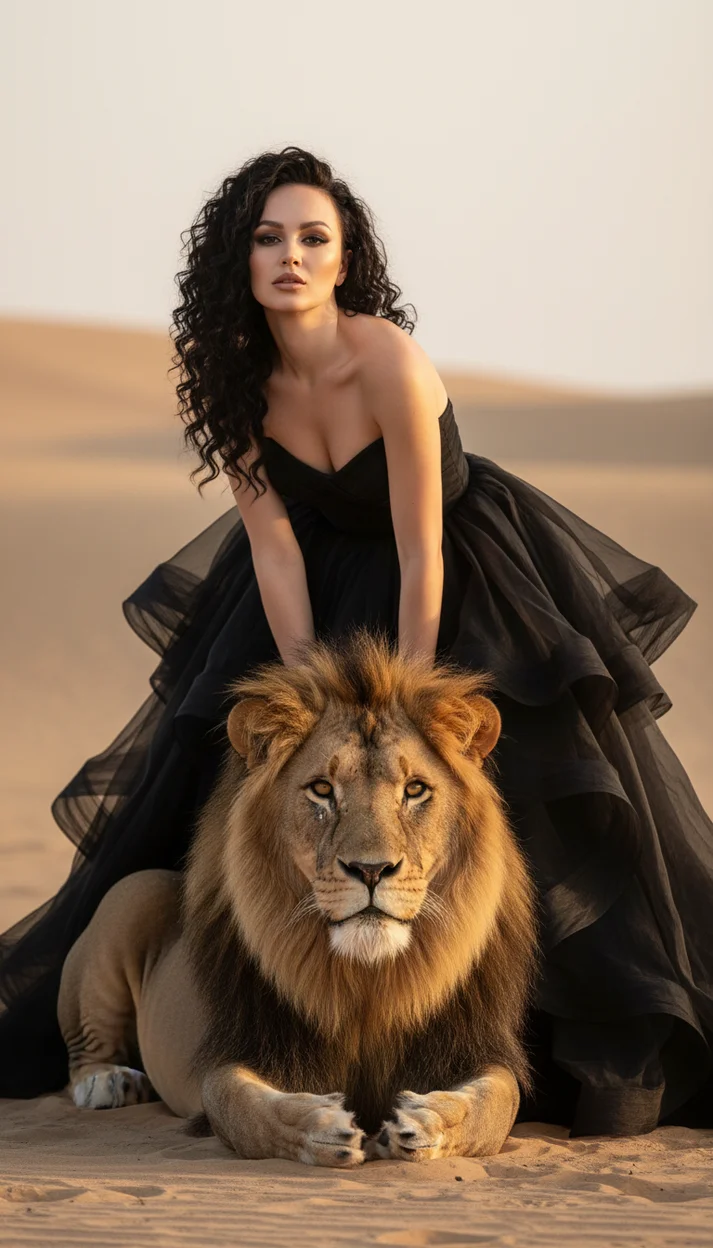 Девушка в чёрном платье в пустыне позади льва