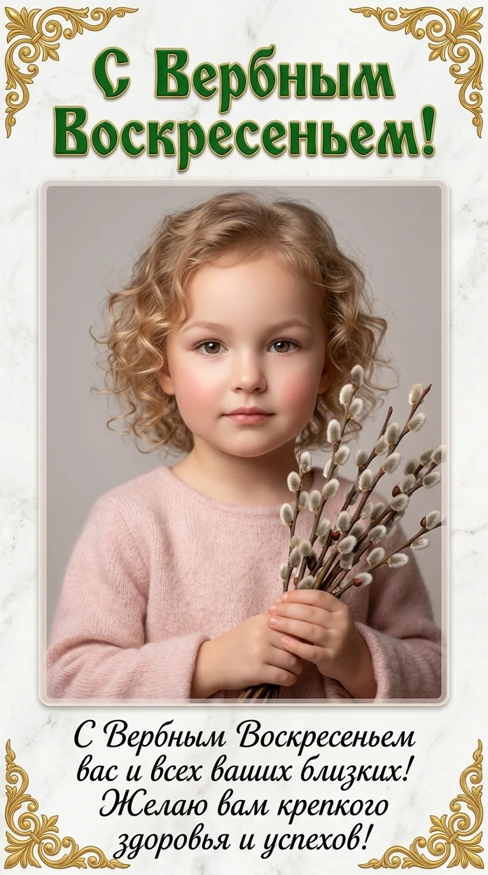  Открытка С Вербным воскресеньем с ребёнком и декоративной рамкой