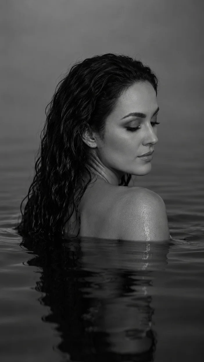 Фотосессия чёрно‑белый профиль девушки в тёмной спокойной воде