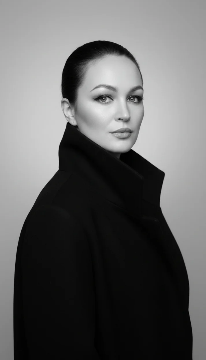  Женщина в студии в чёрном пальто высокий ворот