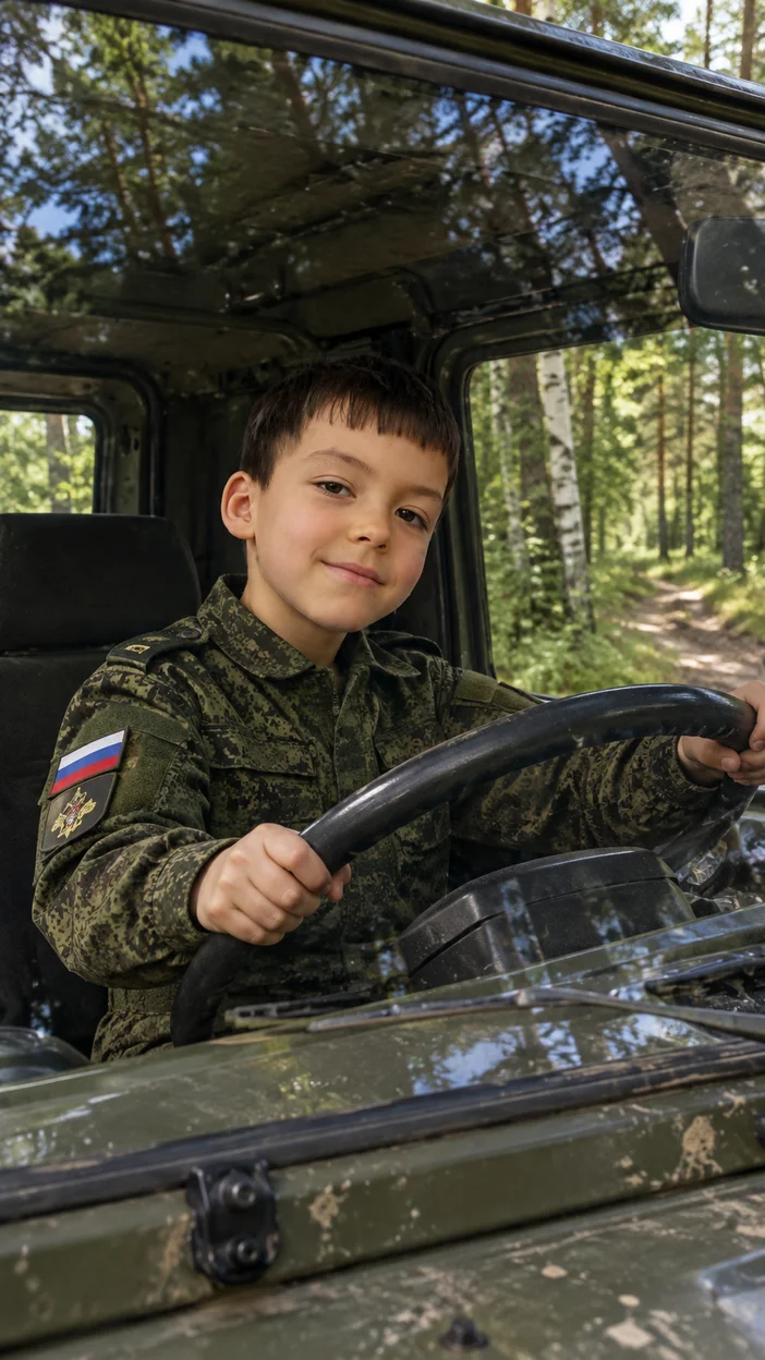 Фотосессия мальчик в детской российской форме на водительском месте армейского джипа в лесу