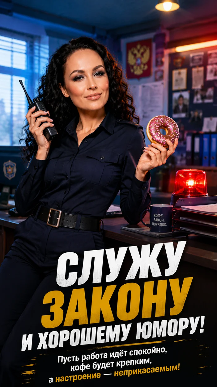 Фотооткрытка для друзей с текстом "СЛУЖУ ЗАКОНУ И ХОРОШЕМУ ЮМОРУ!"