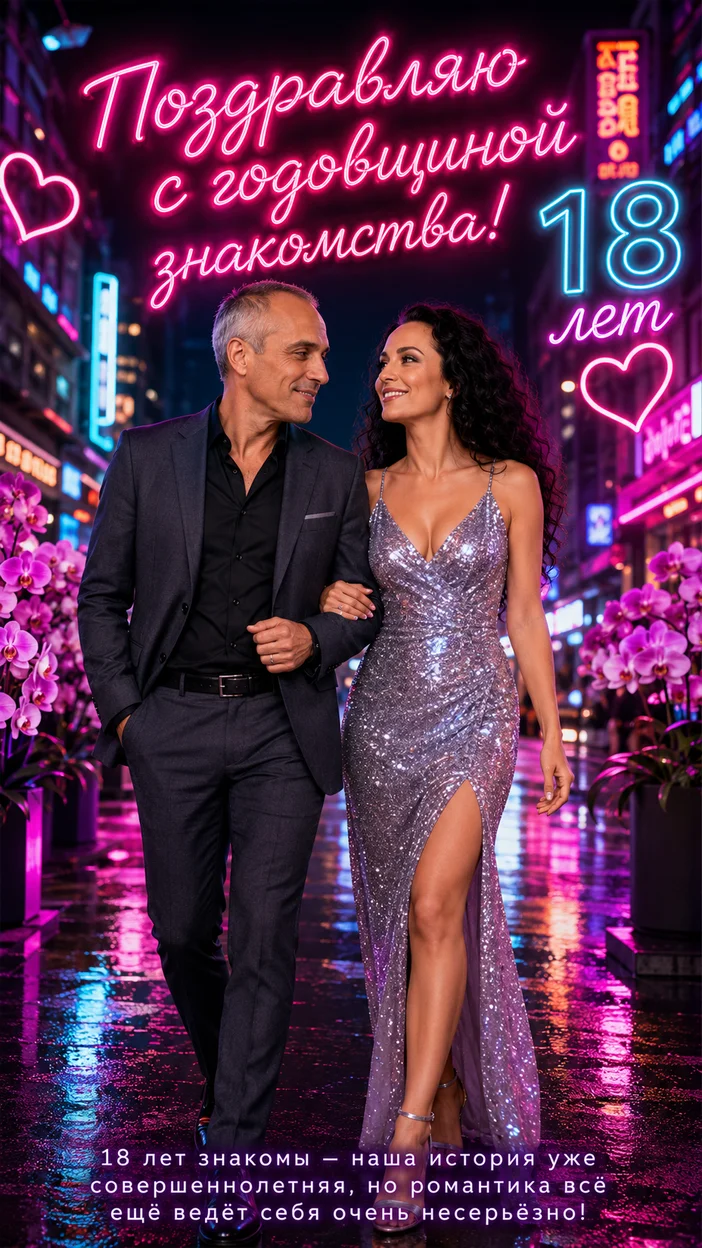Фотооткрытка паре на 18 лет с поздравлением "Поздравляю с годовщиной знакомства!"