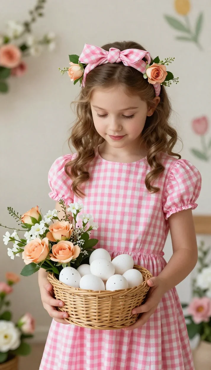 Пасхальная фотосессия с корзиной яиц и цветами