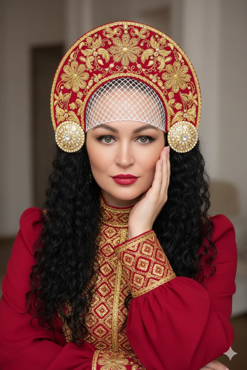 Женщина в традиционном платье подаёт пирог на стол