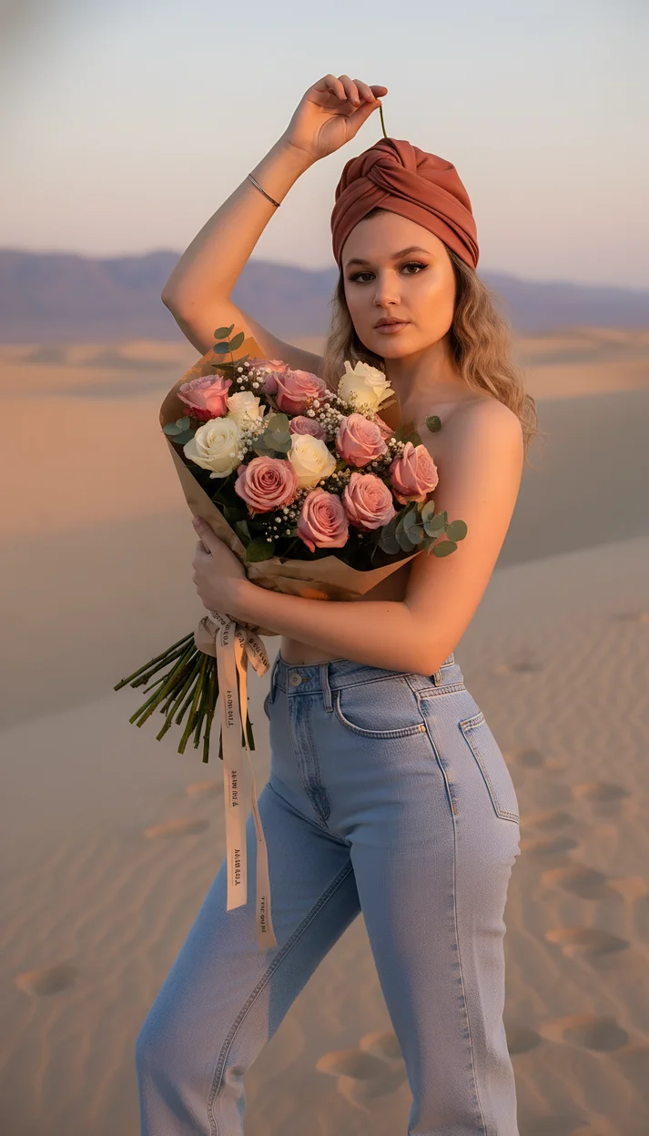 Девушка в пустыне с букетом роз в джинсах и чалме стоит в полуобороте с поднятой рукой мягкий закатный свет