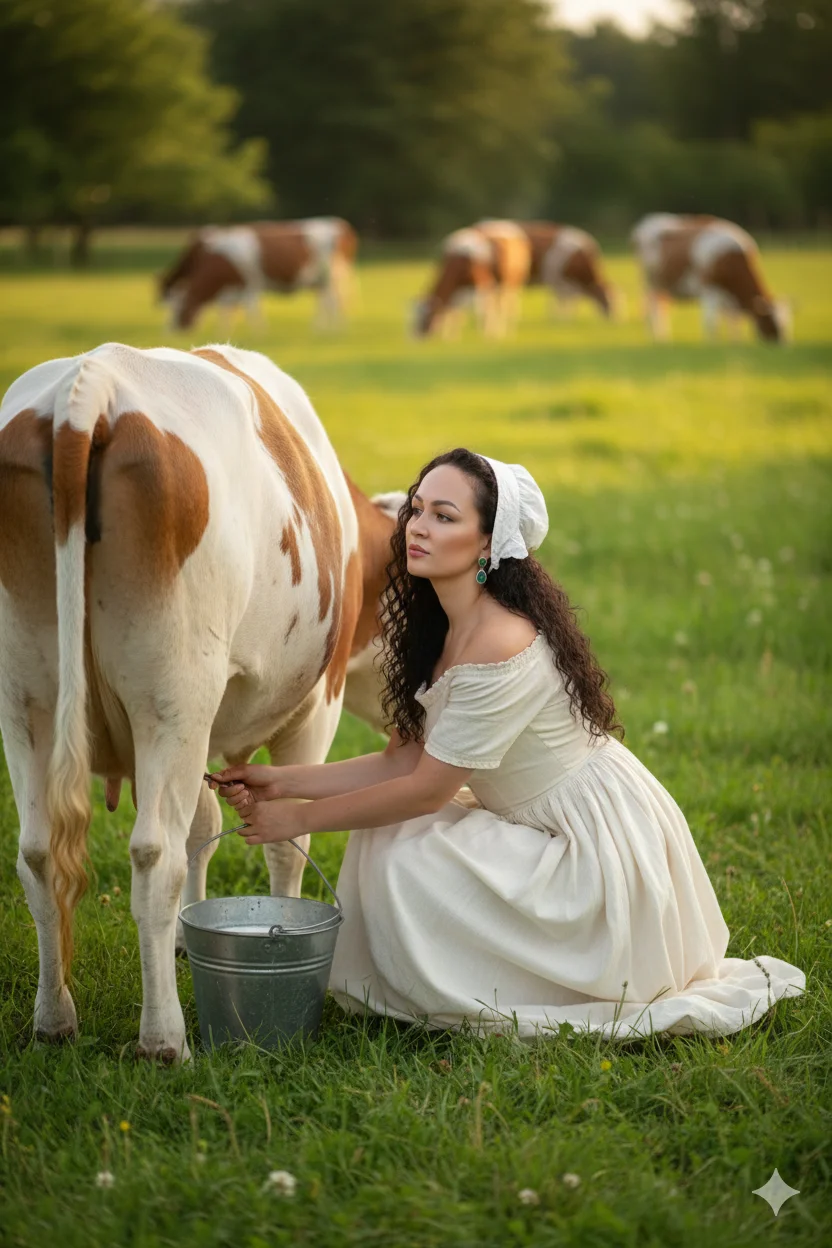Молодая девушка стирает бельё на природе, сидя на траве возле дойной коровы