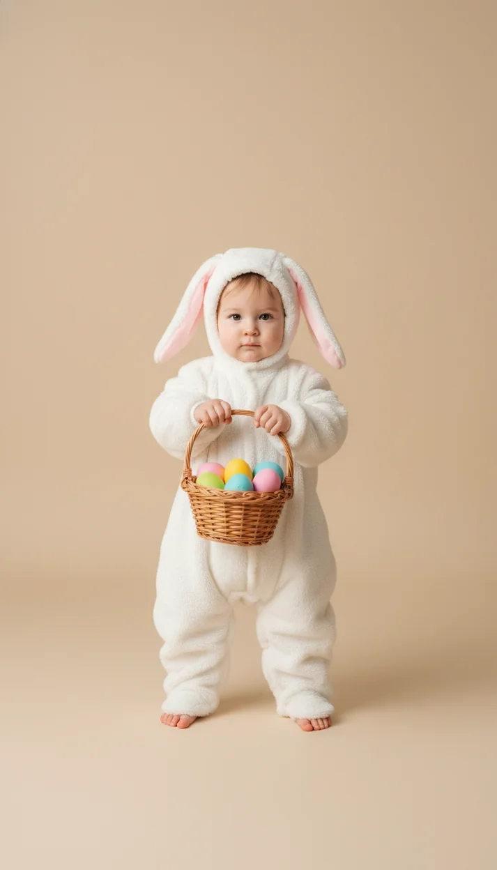  Малыш в костюме кролика с корзиной яиц