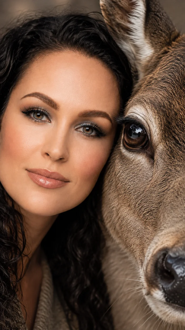 Фотосессия beauty‑портрет: крупный кадр лица девушки рядом с глазом оленя в минималистичном образе