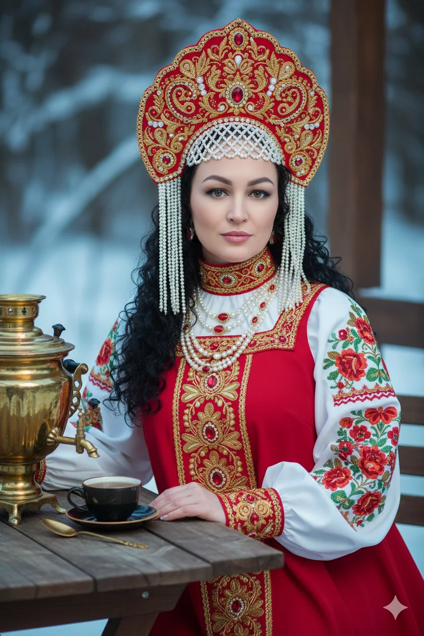 Девушка в традиционном кокошнике и многослойных бусах за столом с самоваром