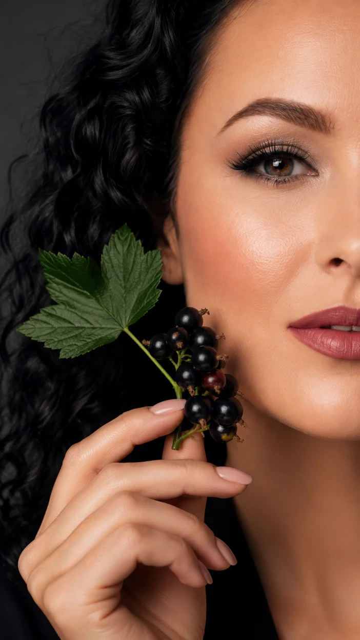 Фотосессия девушки с чёрной смородиной в beauty-портрете
