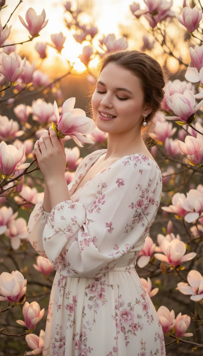 Девушка среди цветущей магнолии в светлом платье