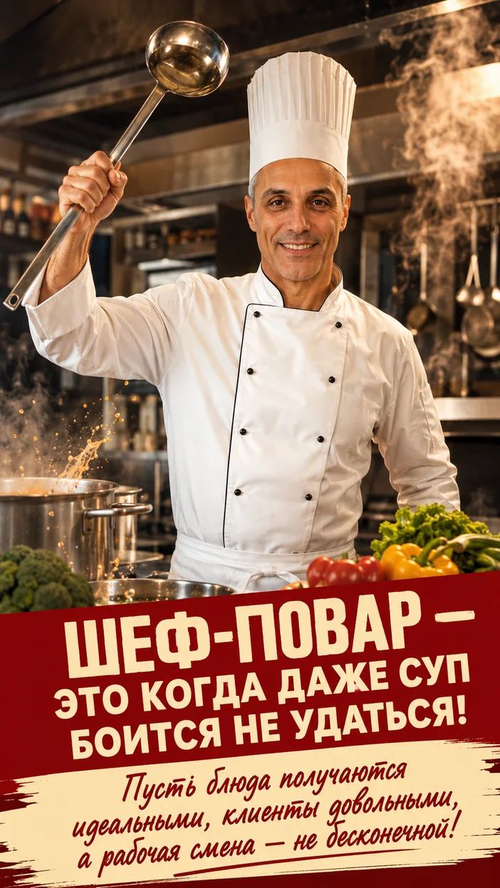 Фотооткрытка повару с поздравлением "ШЕФ-ПОВАР — ЭТО КОГДА ДАЖЕ СУП БОИТСЯ НЕ УДАТЬСЯ!"