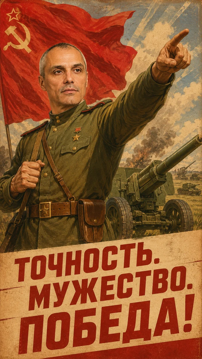Фотосессия артиллериста у орудия в поле