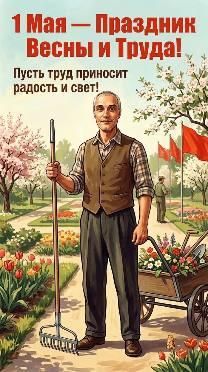 1 мая открытка с вашим фото -  Советская ретро-иллюстрация в стиле агитационного плаката 