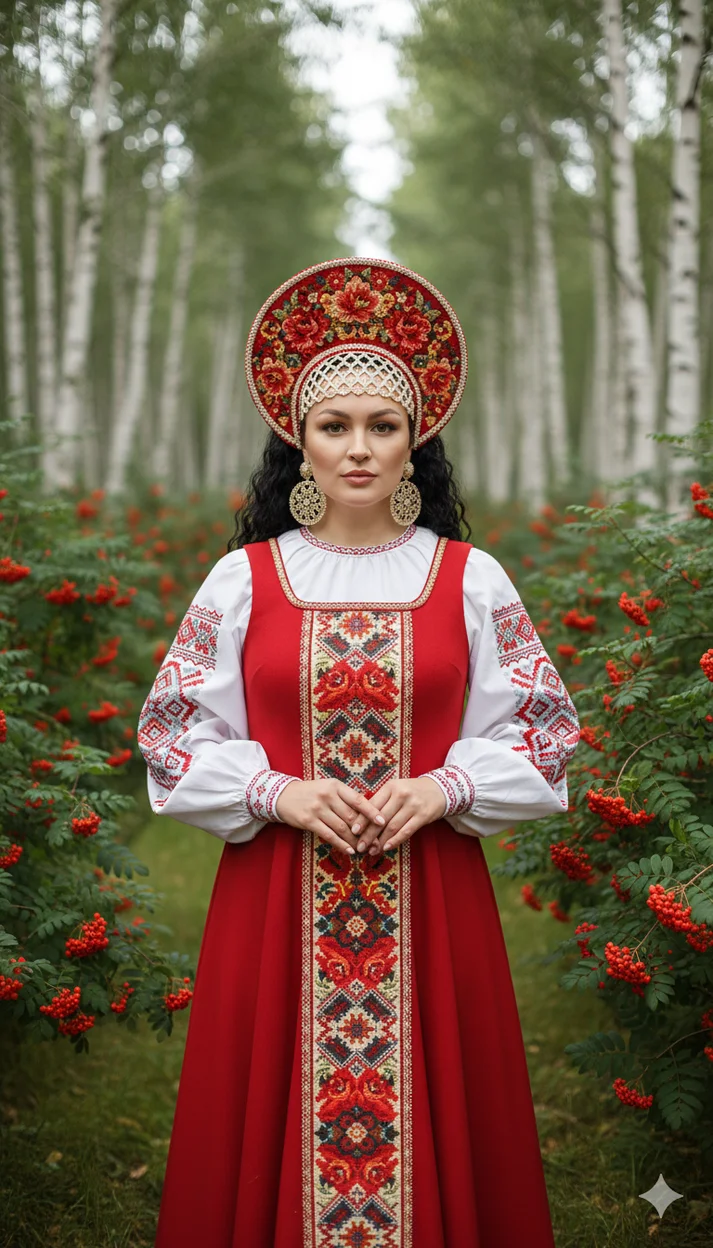 Женщина в берёзовой роще в красном сарафане с кокошником - Русский образ 