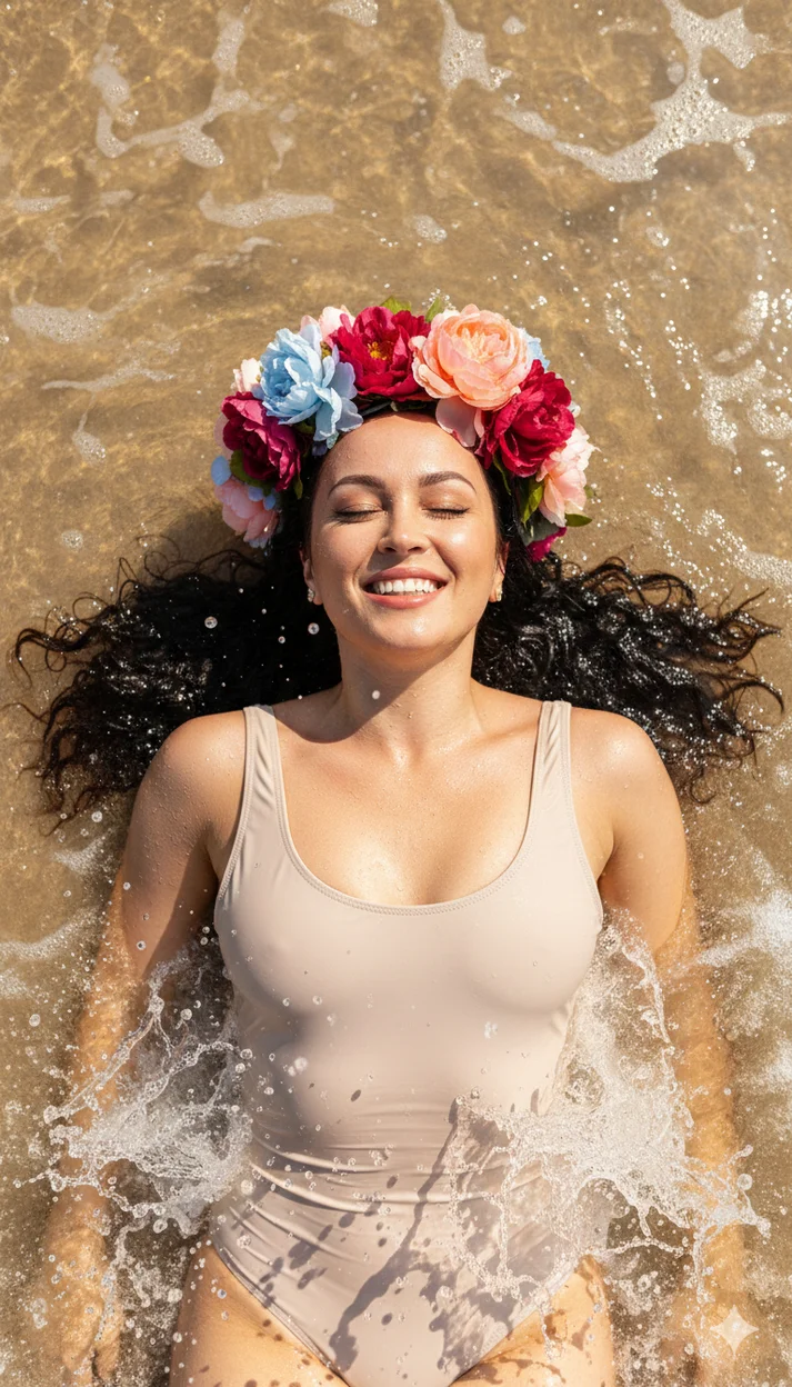 Девушка лежит в прибое в светлом купальнике с цветочным венком