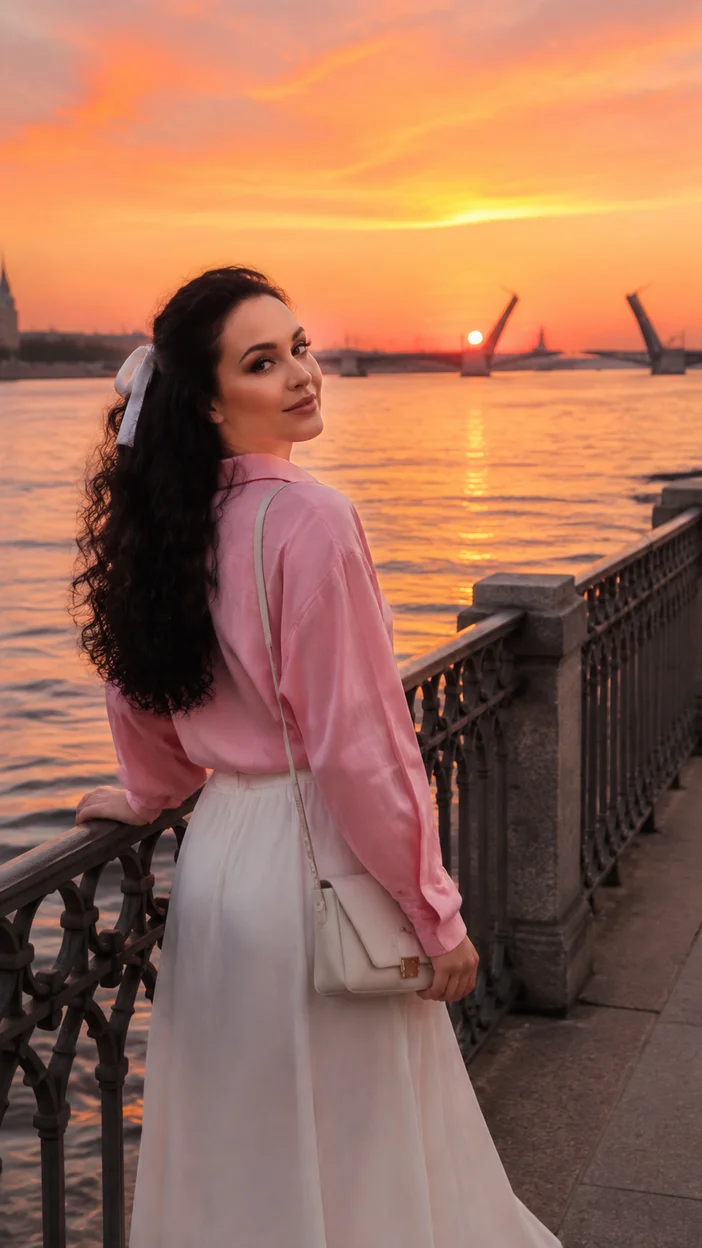 Фотосессия девушки в розовой рубашке и белой юбке у залива