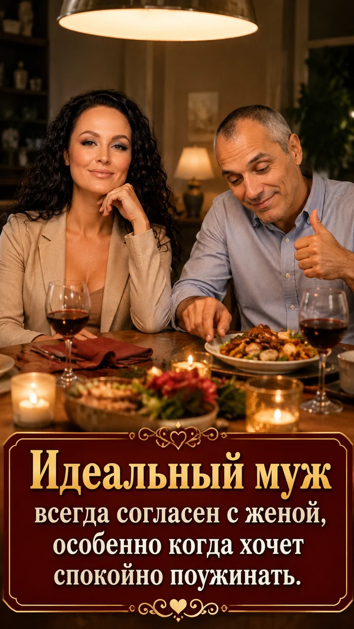 Фотооткрытка для мужа и жены с текстом "Идеальный муж всегда согласен с женой, особенно когда хочет спокойно поужинать."