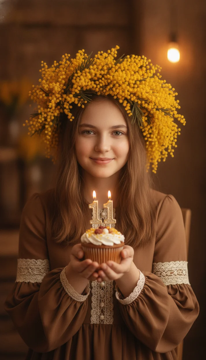  Фотосессия на 11 лет с мимозой и пирожным