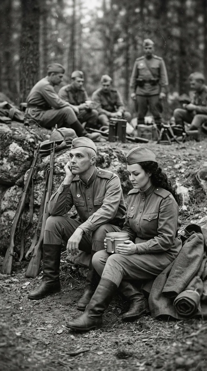 фотореалистичная сцена в стиле архивной военной фотографии времён Великой Отечественной войны