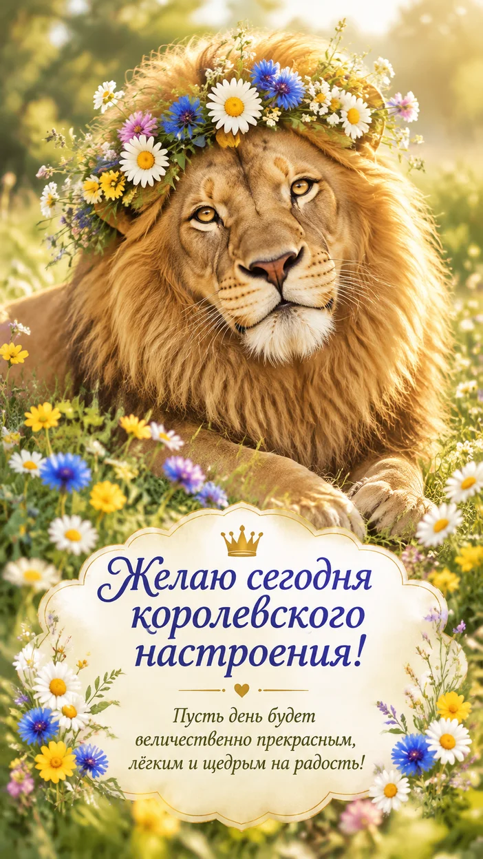 Фотосессия открытка с благородным львом в цветочном венке на лугу