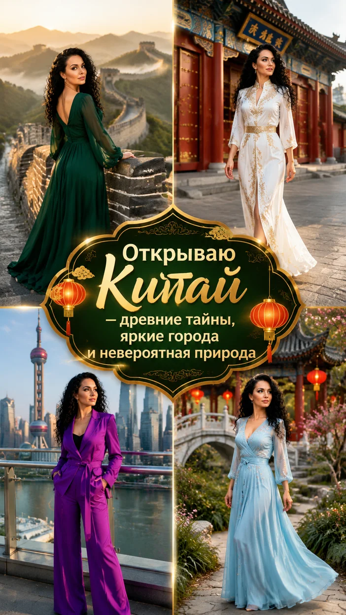 Фотосессия женщины в изумрудном платье на Великой Китайской стене
