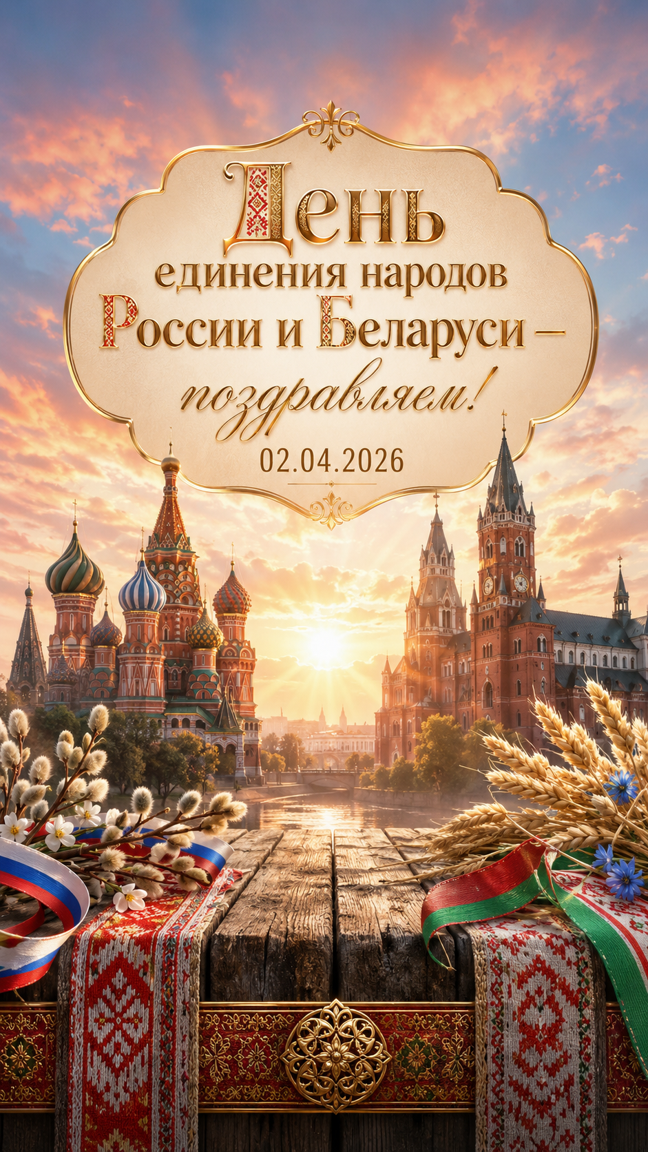 День единения народов России и Беларуси — 02.04.2026 — торжественная открытка с архитектурой
