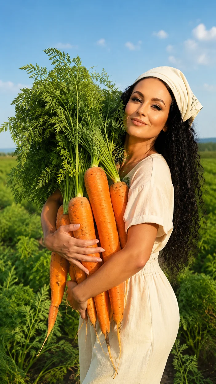Фотосессия девушки с гигантскими морковками в поле