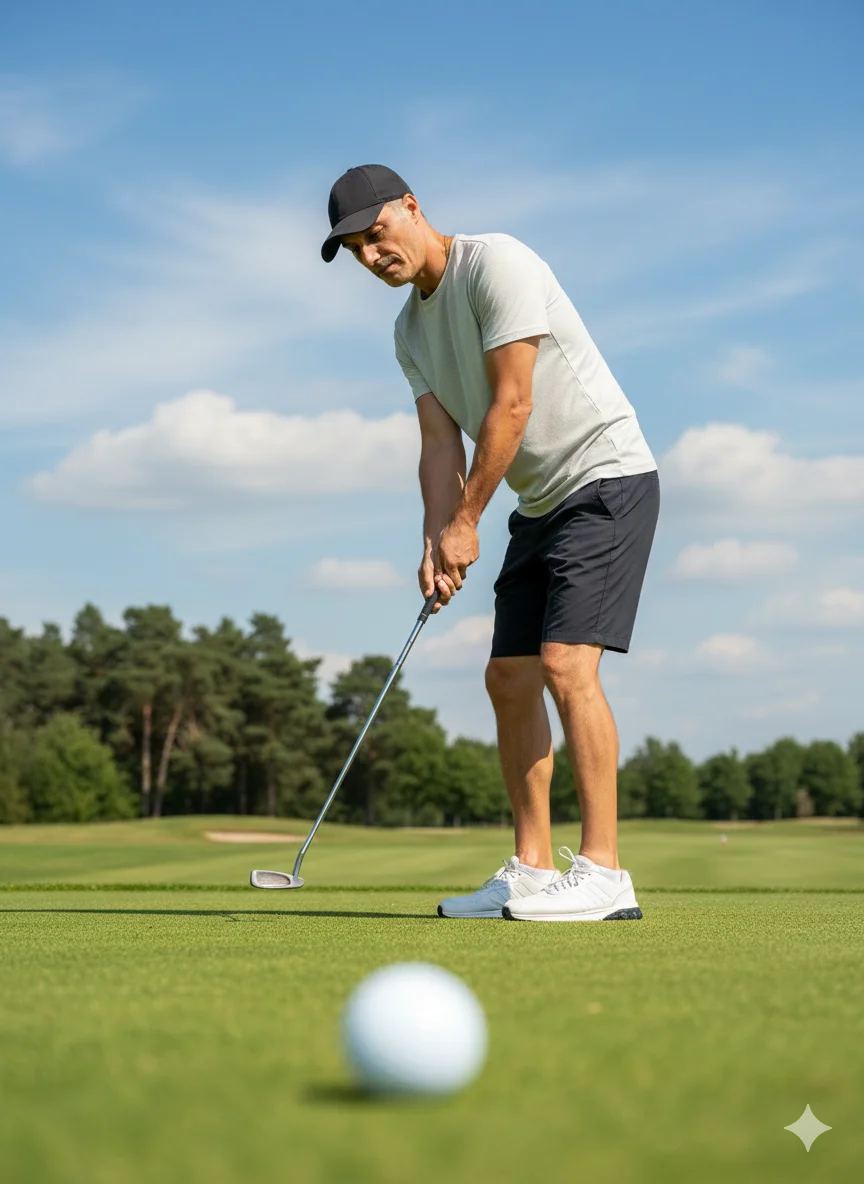 Мужчина в спортивной форме готовится к удару клюшкой на гольф-поле