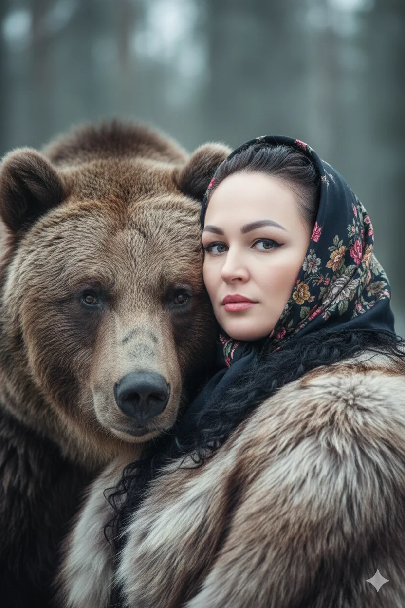 Женщина в платке и меховой накидке рядом с бурым медведем