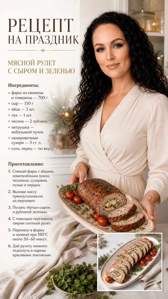 Фотосессия праздничного мясного рулета с сыром и зеленью