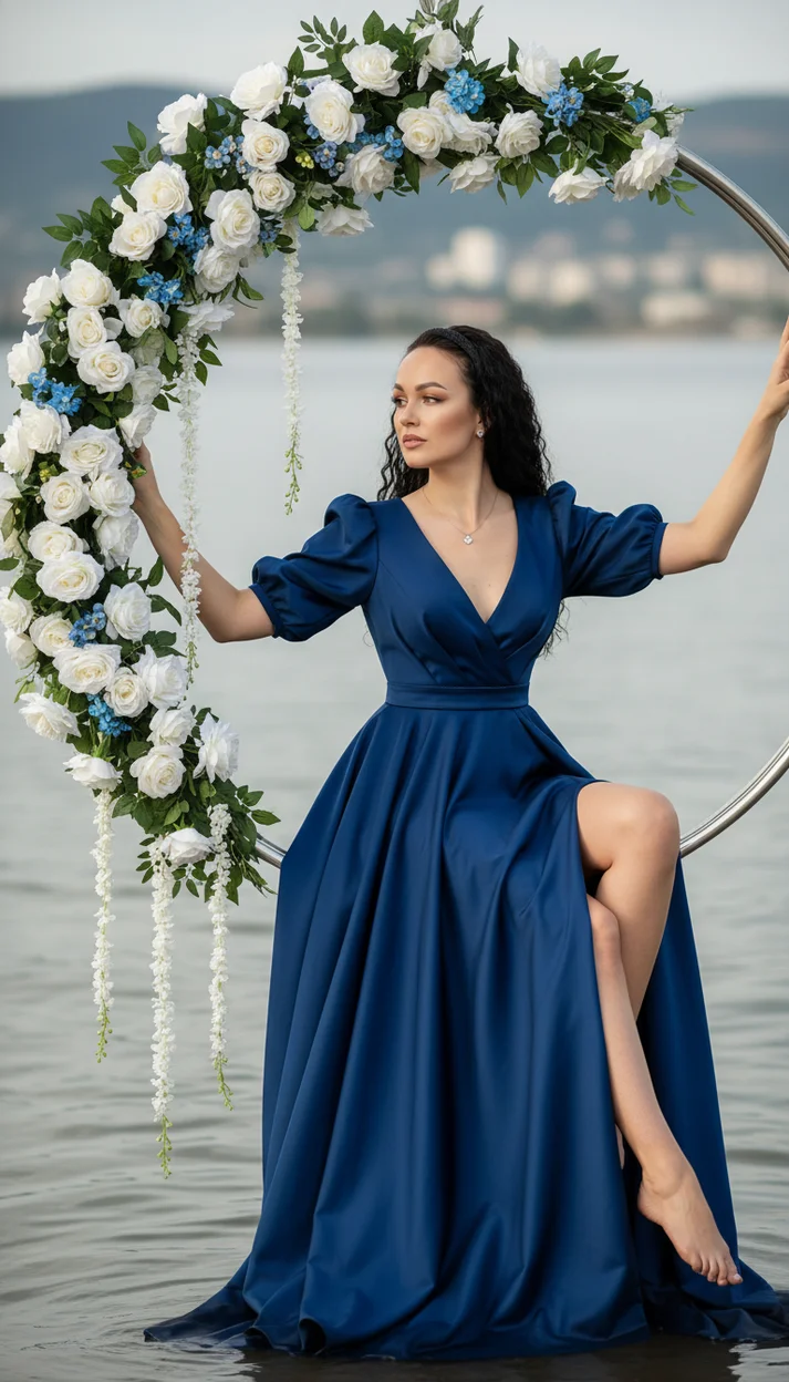  Женщина в синем вечернем платье сидит в подвесном цветочном круге над водой на фоне холмов