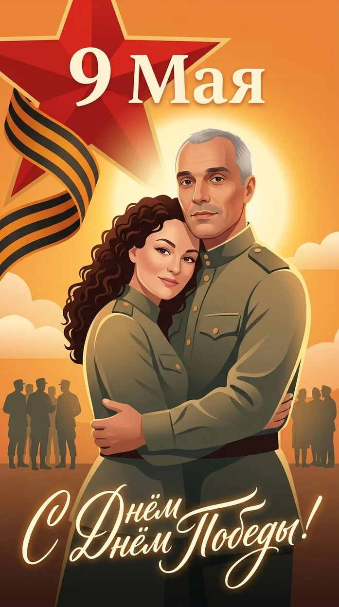Современная ретро-иллюстрация Победы с парой в объятиях на закате