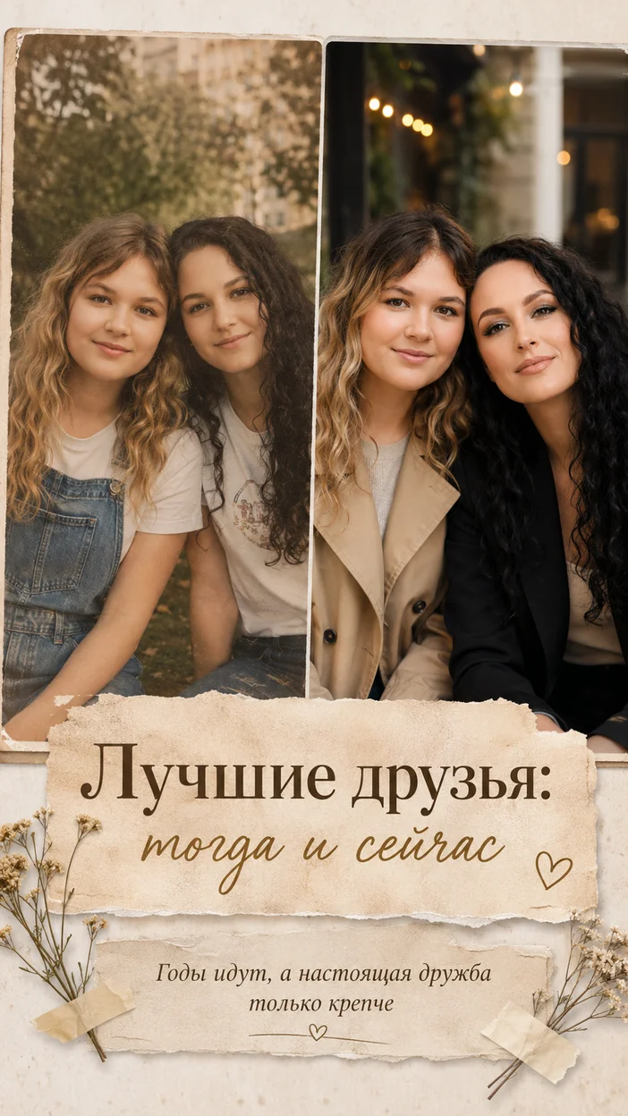 Фотооткрытка для лучших друзей с текстом «Лучшие друзья: тогда и сейчас»