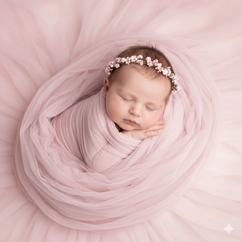 Малыш в розовом тюле с цветочным венком спит в нежной композиции