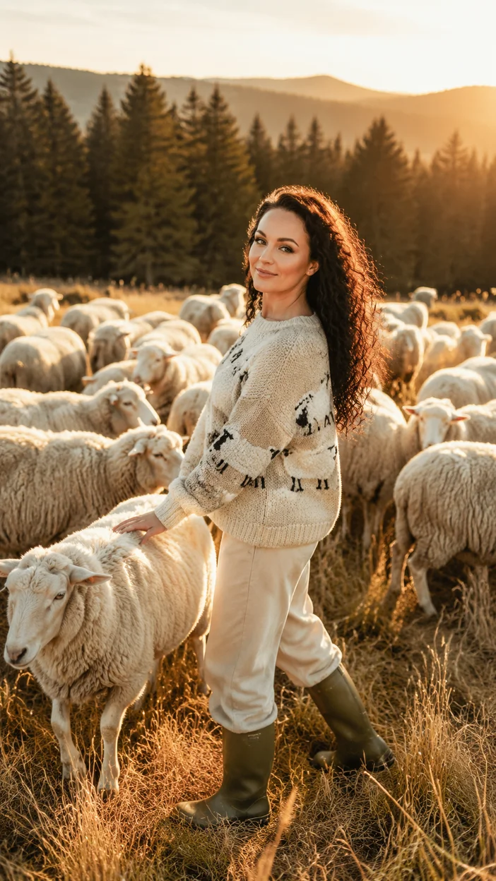 Фотосессия женщины в шерстяном свитере среди овец