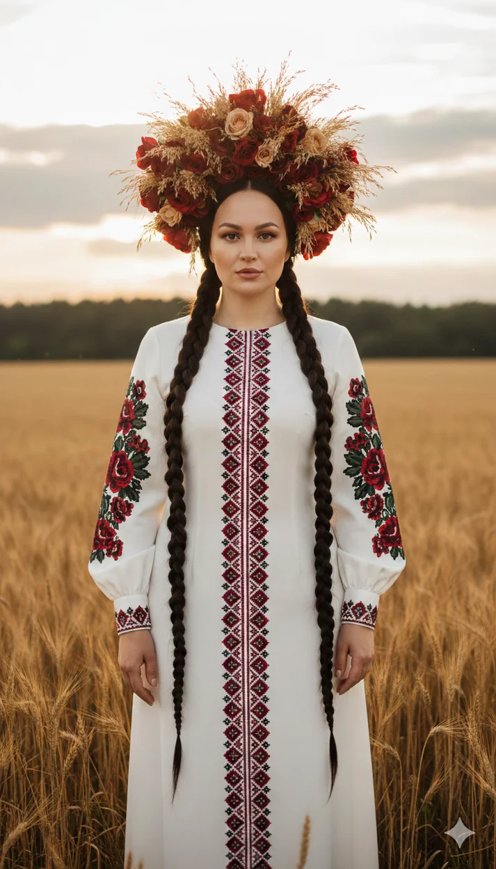 Женщина в поле в белом вышитом платье с цветочным венцом - Русский образ 