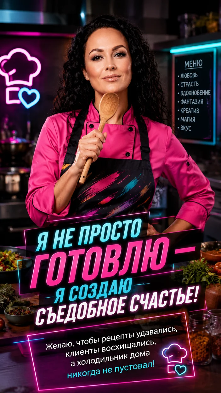 Фотооткрытка повару с пожеланием "Я НЕ ПРОСТО ГОТОВЛЮ — Я СОЗДАЮ СЪЕДОБНОЕ СЧАСТЬЕ!"