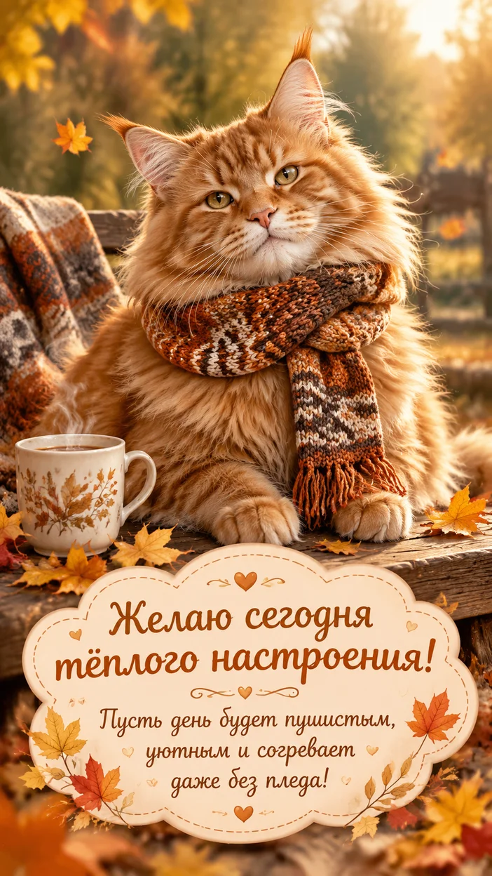 Фотосессия уютная открытка с мейн-куном в шарфе