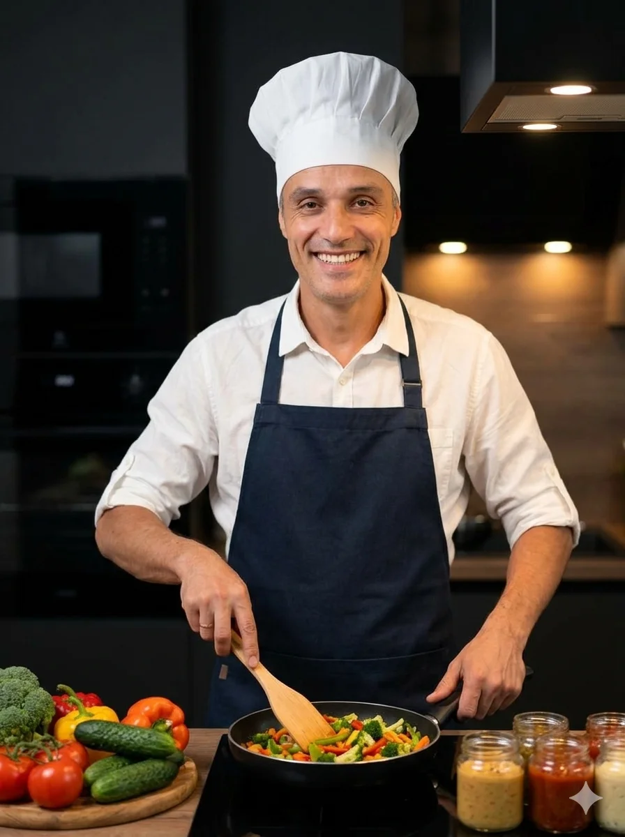 Повар на кухне в белой рубашке и тёмном фартуке готовит овощи на сковороде