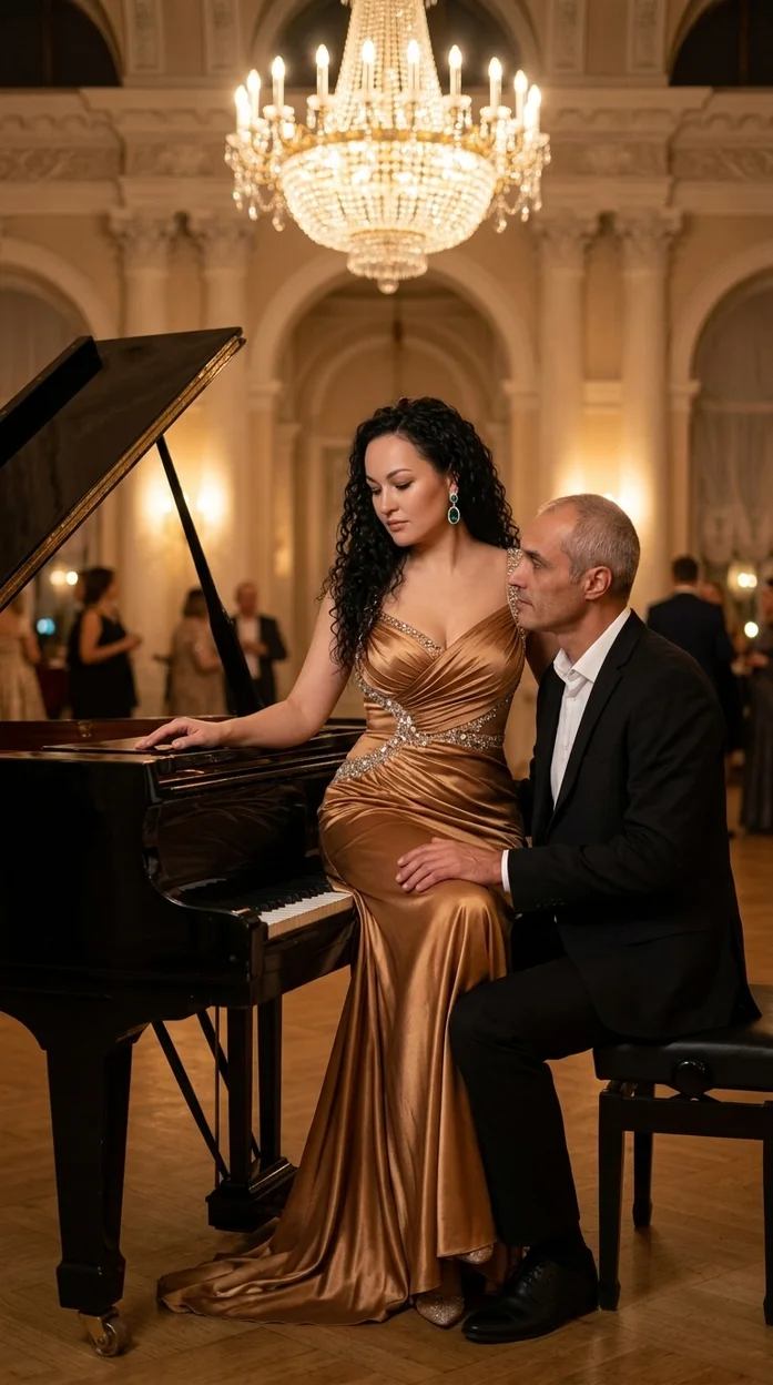 Роскошная сцена у рояля в дворцовом интерьере