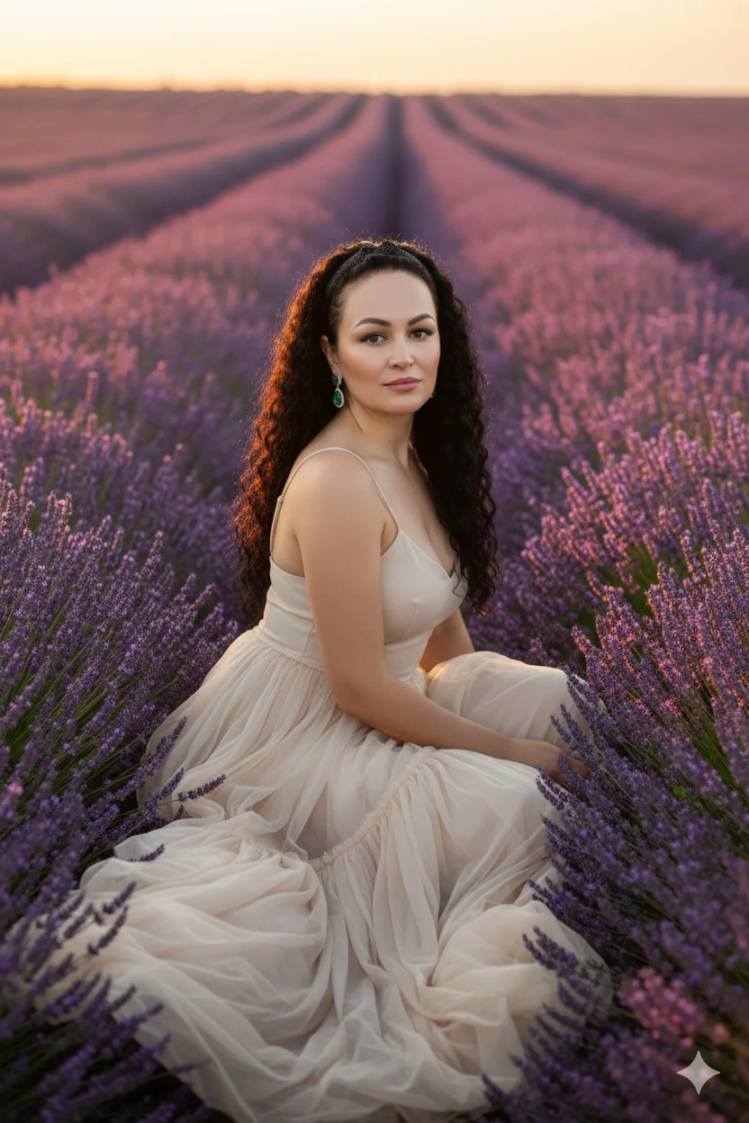 Женщина в поле лаванды в светлом летящем платье