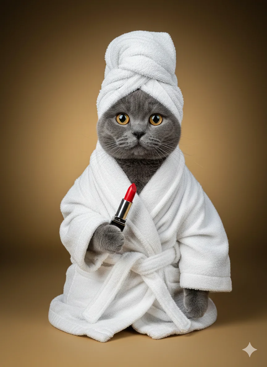 Кот в белом махровом халате и полотенце на голове, сидит прямо и держит помаду в лапе