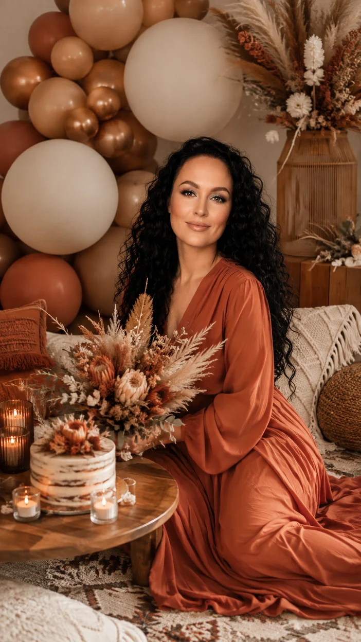 Фотосессия девушки в терракотовом платье в boho-зоне