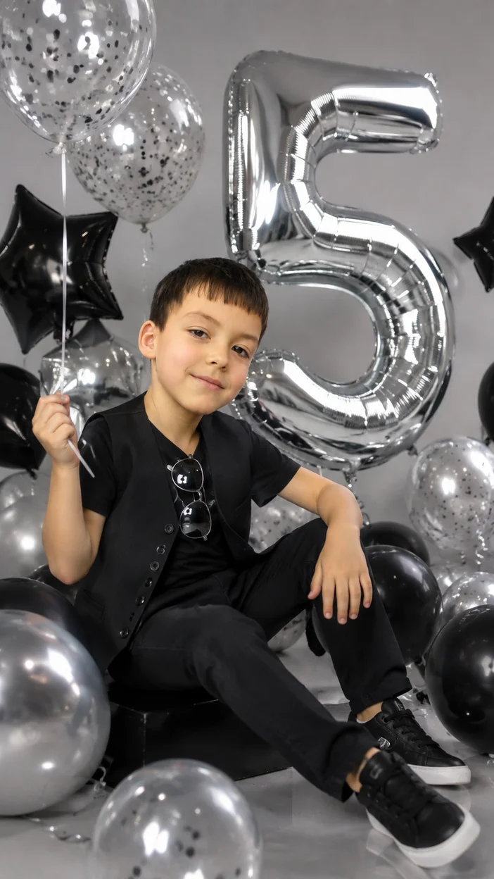 Фотосессия мальчика 5 лет в чёрно‑серебряной фотозоне рядом с большой серебряной цифрой 5 в модном тёмном комплекте