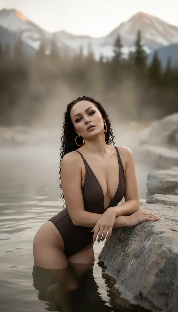 Женщина в коричневом слитном купальнике опирается на каменный край