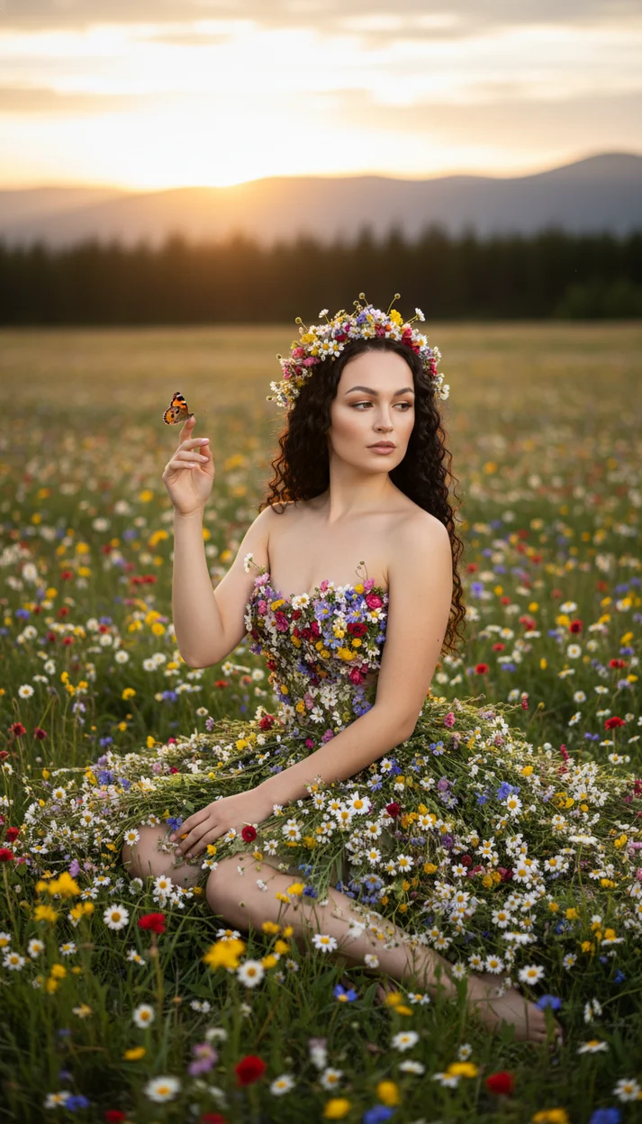 Девушка на закате в платье из цветов