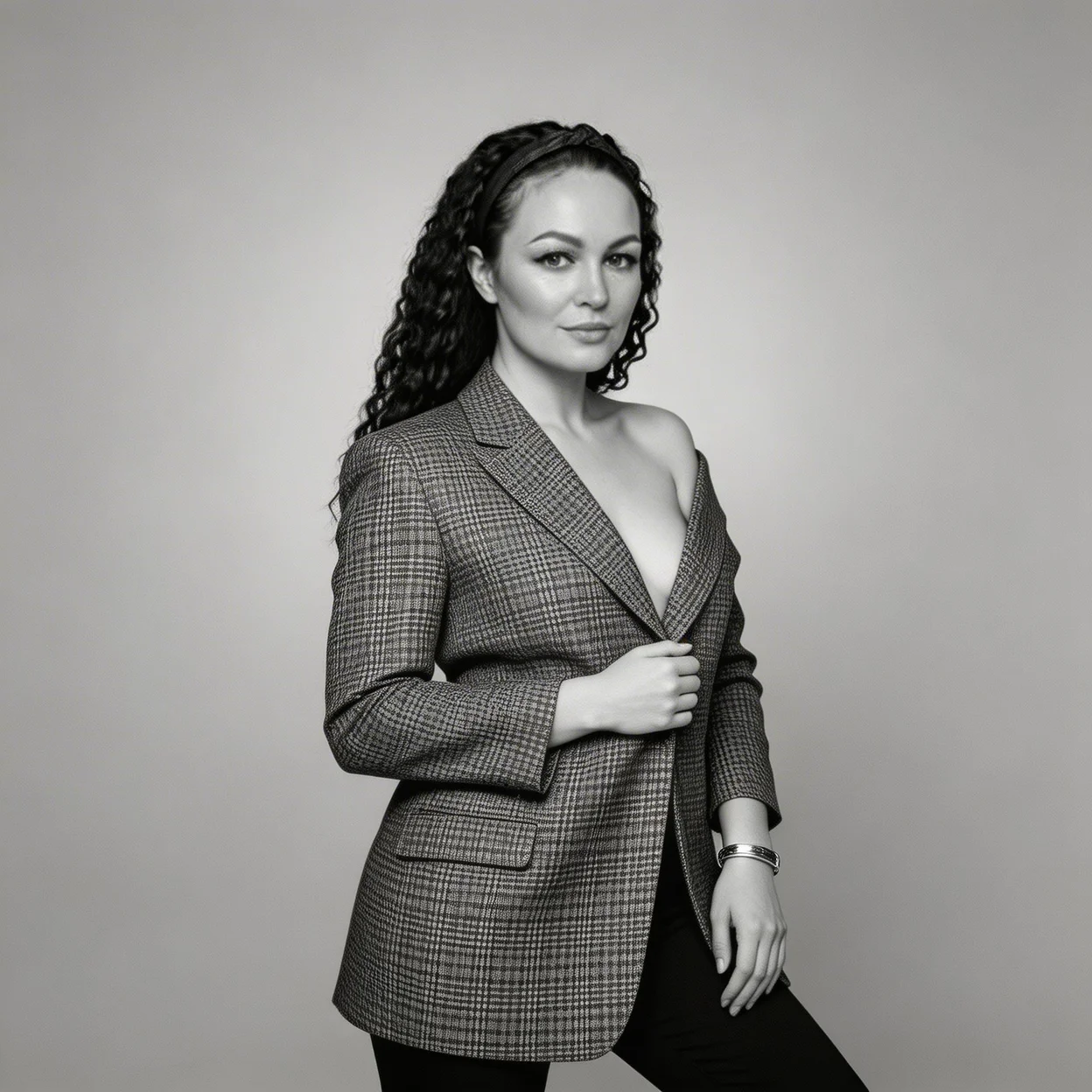 Девушка в студии в асимметричном жакете стоит с поворотом корпуса