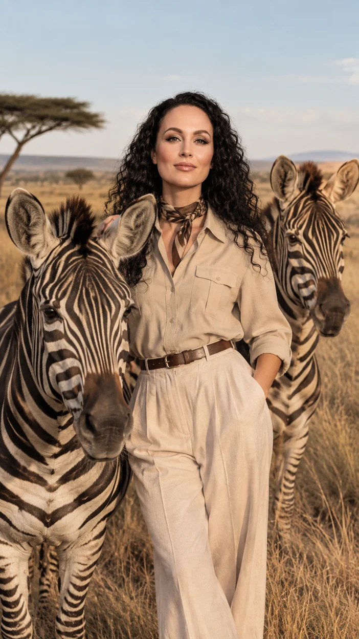 Фотосессия safari editorial: девушка между двумя взрослыми зебрами в открытой саванне